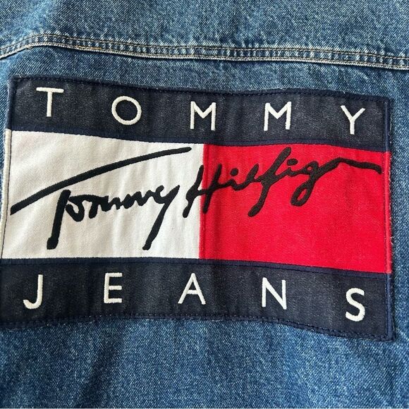 Vintage Tommy Hilfiger Blue Denim Jacket with Red and White Logo - Picture 4 of 16